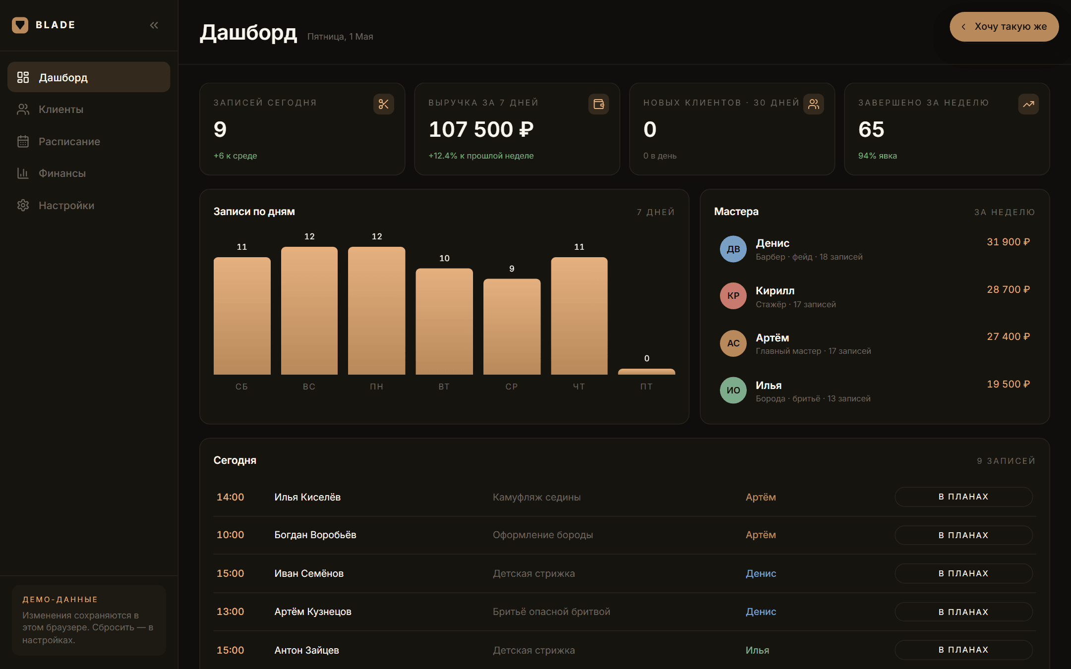 Превью демки: BLADE — CRM барбершопа